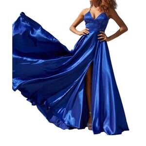 NEW FAVIANA long charmeuse dress with beaded corset in royal